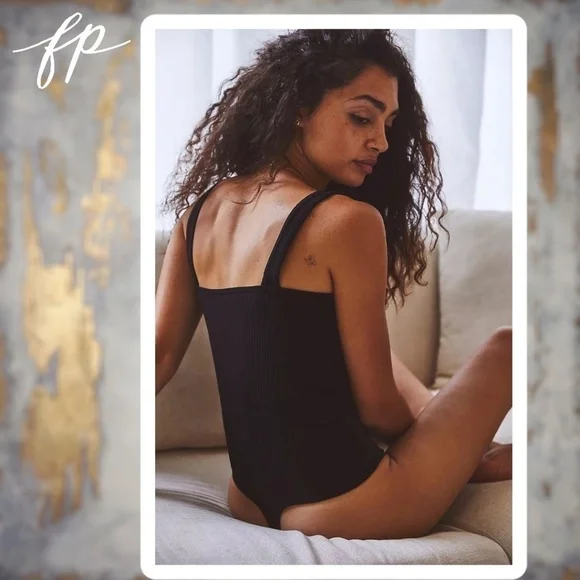 FREE PEOPLE XYZ Ribbed Sleeveless Stretch Fit Thong Bodysuit in Black NWT - Picture 6 of 16